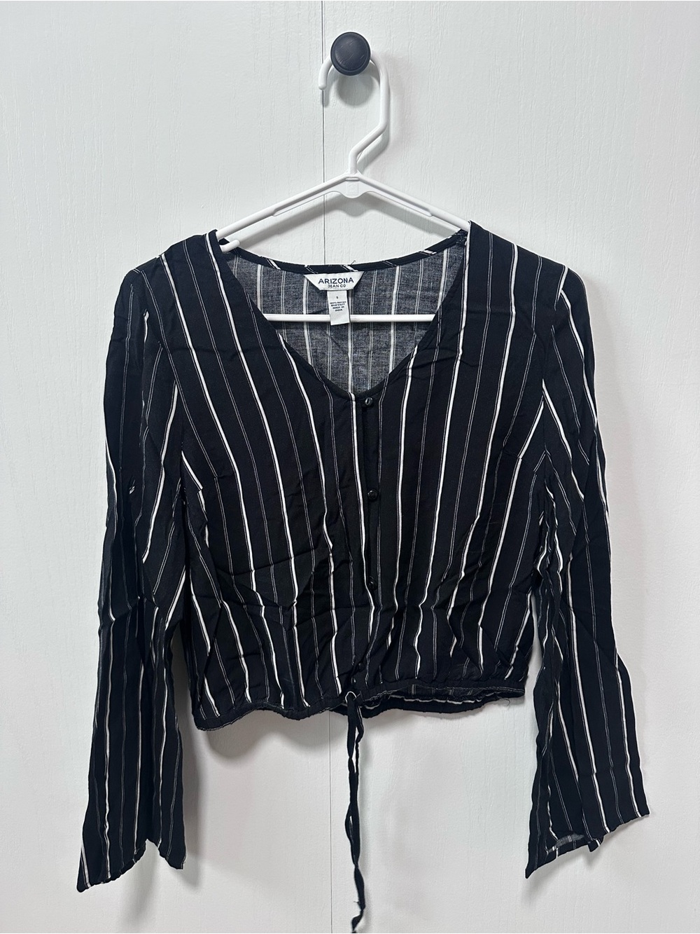 Arizona Jean Company Black and White Striped Tie-Hem Button Top